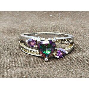 Heart-Shaped Mystic Topaz & Amethyst 925‎ Sterling Silver Ring